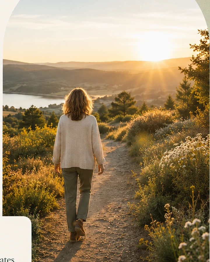 Woman walking through a sunlit landscape, representing clarity and forward movement with Life Alignment coaching