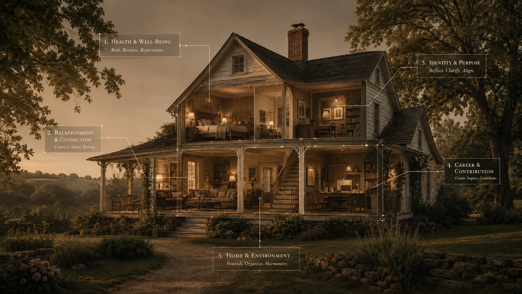 Cutaway farmhouse grid analyzing five Life Alignment areas: health and well-being, relationships and connection, identity and purpose, career and contribution, and home and environment